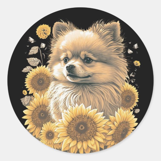 Sticker Rond Cute Poméranie Tournesol Lover Dessin (Devant)