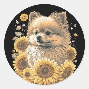 Sticker Rond Cute Poméranie Tournesol Lover Dessin