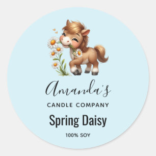 Sticker Rond Cute Pony Manger Des Marguerites Bougie Business