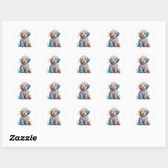 Sticker Rond Cute Poodé Chiot Aquarelle Art (Feuille)