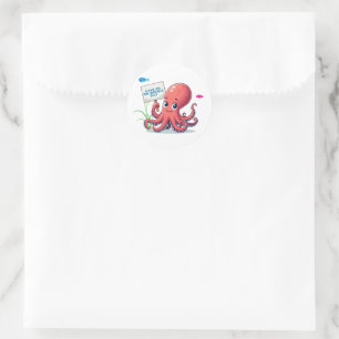 Sticker Rond Cute, poulpe caricaturale avec poisson