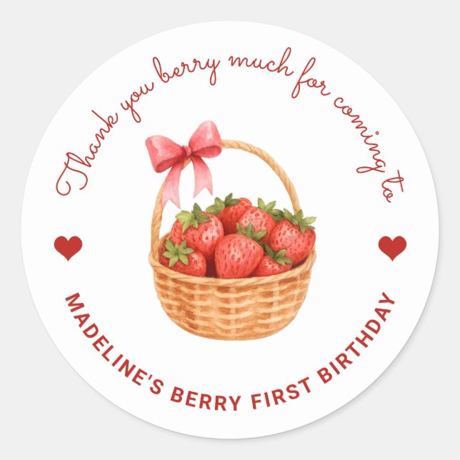 Sticker Rond Cute Preppy Berry First Birthday Strawberry Favor (Devant)