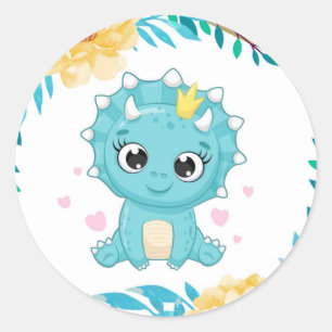 Sticker Rond Cute Prince Baby shower Dinosaure Turquoise et Jau