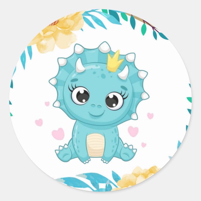 Sticker Rond Cute Prince Baby shower Dinosaure Turquoise et Jau (Devant)