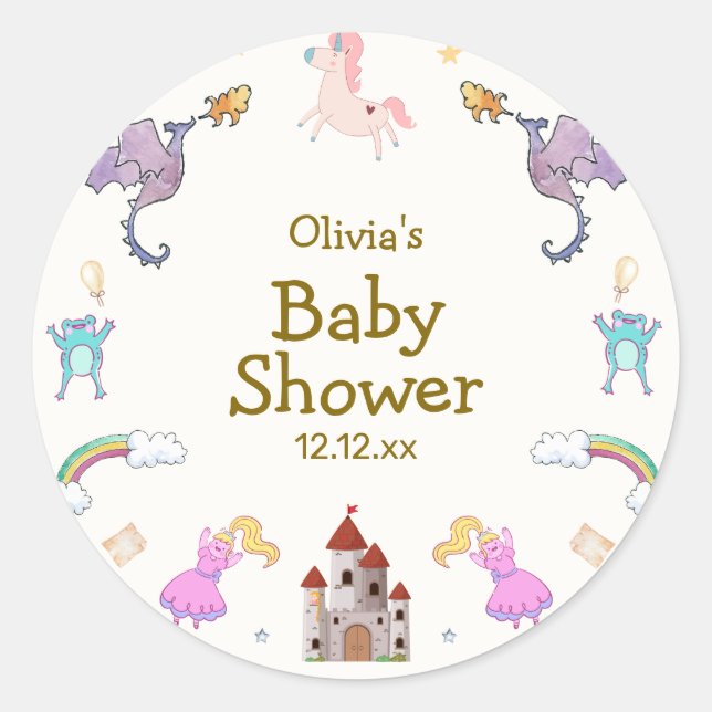 Sticker Rond Cute Princess Dragon Unicorn Baby shower (Devant)