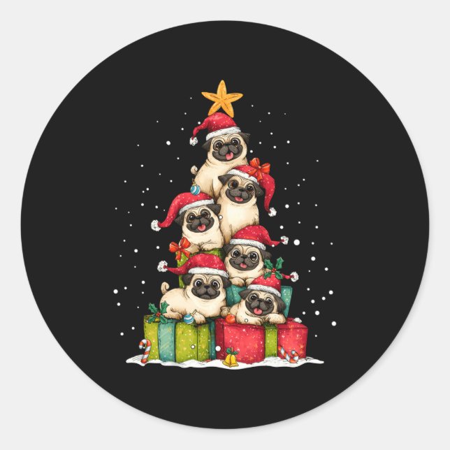 Sticker Rond Cute Pug Le Dog Christmas Tree Xmas Hat Long Sleev (Devant)