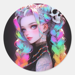 Sticker Rond Cute Punk Rock Skull Goth Rainbow Braid Anime Girl