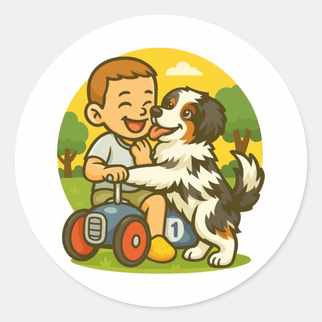 Sticker Rond Cute Puppy and Kid Playtime (Devant)