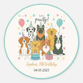 Sticker Rond Cute Puppy Dogs Boy 5th Birthday Party