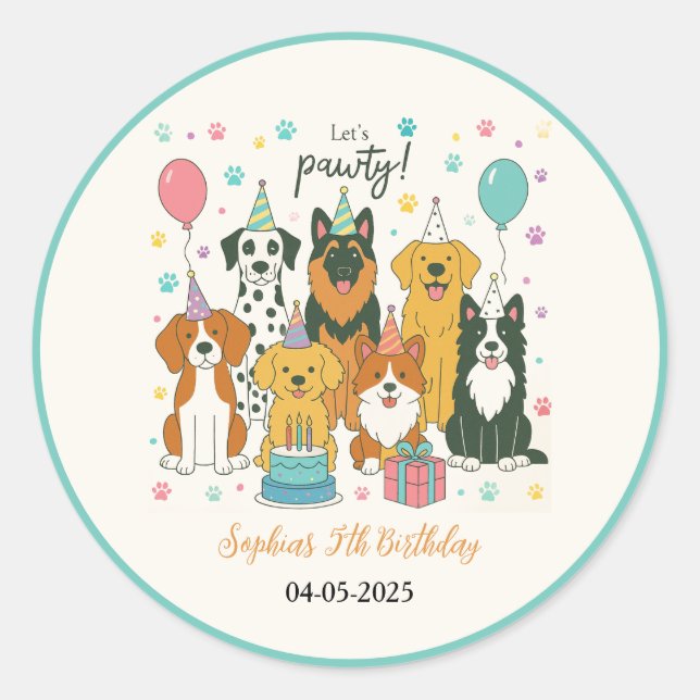 Sticker Rond Cute Puppy Dogs Boy 5th Birthday Party (Devant)