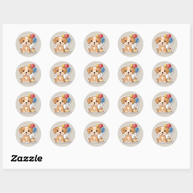 Sticker Rond Cute Puppy w Balloons, 2nd Birthday  (Feuille)