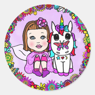 Sticker Rond Cute Purple Unicorn et Fairy Floral frontière