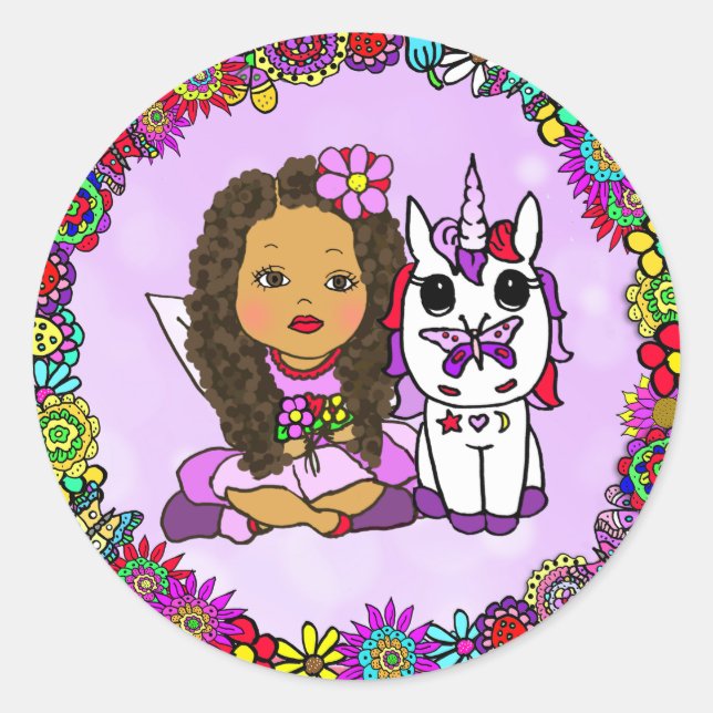 Sticker Rond Cute Purple Unicorn et Fairy Floral frontière (Devant)