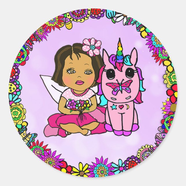 Sticker Rond Cute Purple Unicorn et Fairy Floral frontière (Devant)