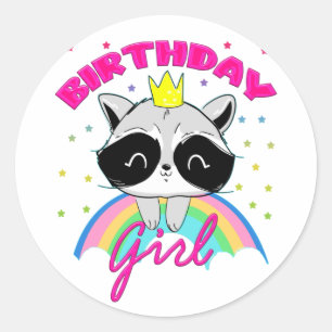 Sticker Rond Cute Raccoon Anniversaire Girl Party Thème