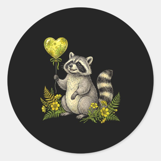 Sticker Rond Cute Raccoon Balloon Heart Flowers Sweet Raccoon L (Devant)