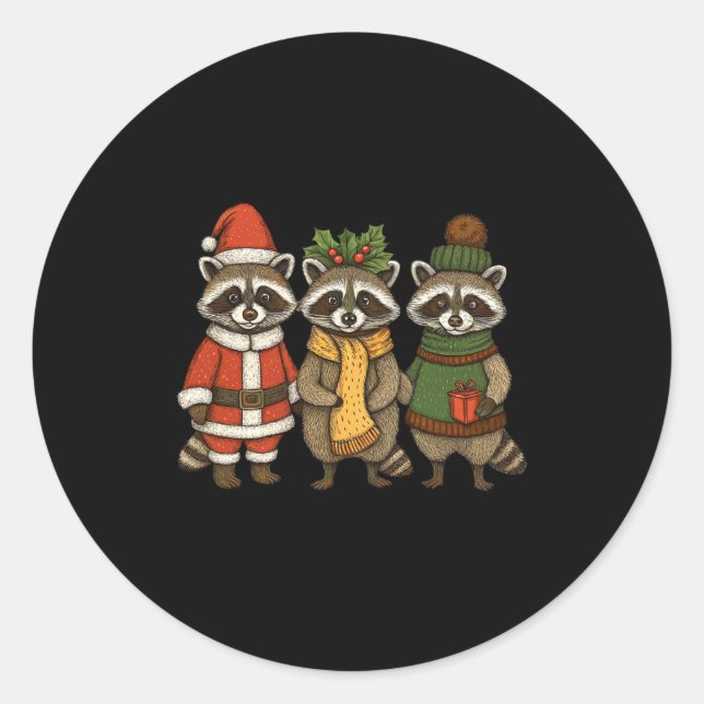 Sticker Rond Cute Raccoon Christmas Funny Holiday Santa Claus A (Devant)