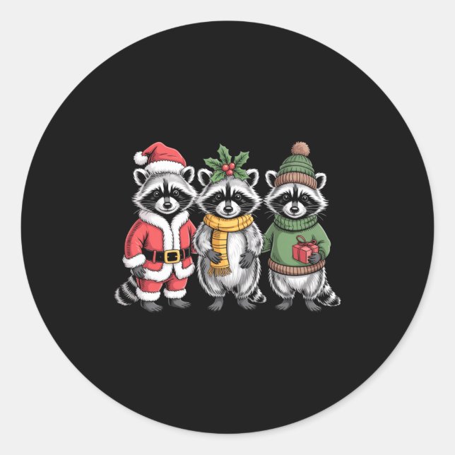 Sticker Rond Cute Raccoon Christmas Funny Holiday Santa Claus A (Devant)