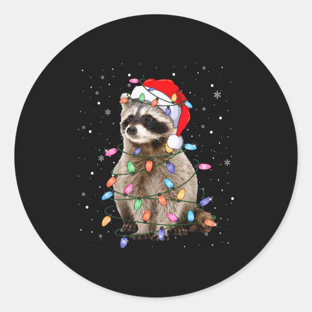 Sticker Rond Cute Raccoon Christmas Tree Lights Pajama Raccoon  (Devant)