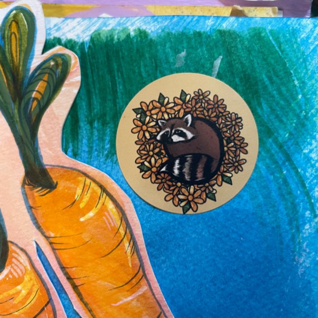 Sticker Rond Cute Raccoon Daisy Flower Art (Créateur téléchargé)