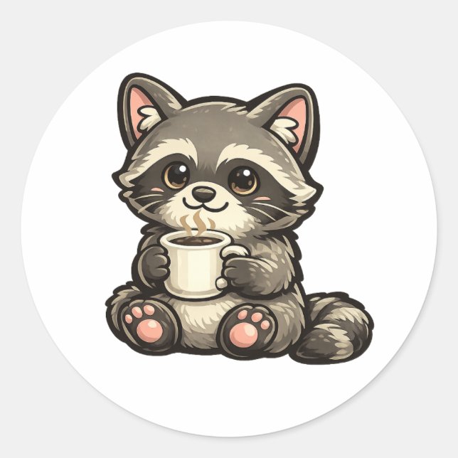 Sticker Rond Cute Raccoon with Coffee – Kawaii Cozy Animal (Devant)