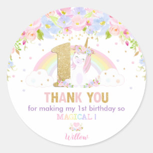 Sticker Rond Cute Rainbow Unicorn 1er Birthday Merci Favor