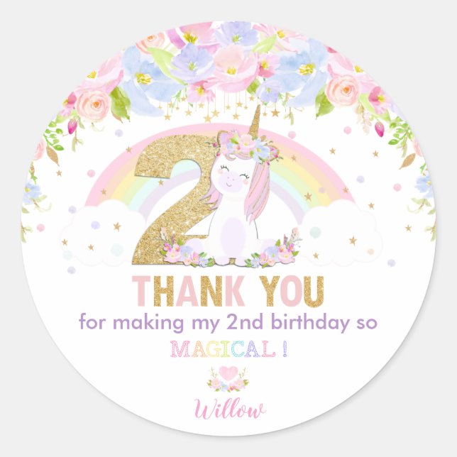 Sticker Rond Cute Rainbow Unicorn 2e Anniversaire Merci Favoris (Devant)