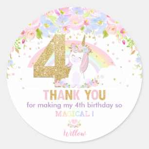 Sticker Rond Cute Rainbow Unicorn 4e anniversaire Merci Favoris