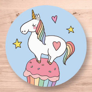 Sticker Rond Cute Rainbow Unicorn sur Anniversaire Cupcake