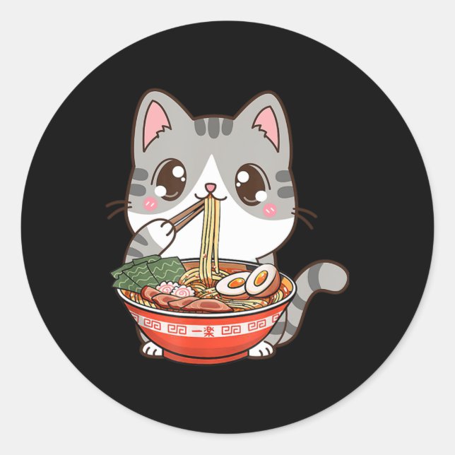 Sticker Rond Cute Ramen Cat Kawaii Anime Japonais Food Boy Girl (Devant)