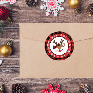 Sticker Rond Cute Reindeer Plaid Bow North Pôle Air Mail