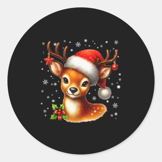 Sticker Rond Cute Reindeer Santa Hat Rednose Christmas Xmas Wom (Devant)