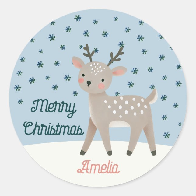 Sticker Rond Cute Reindeer Snowflakes Drawing Name Christmas (Devant)