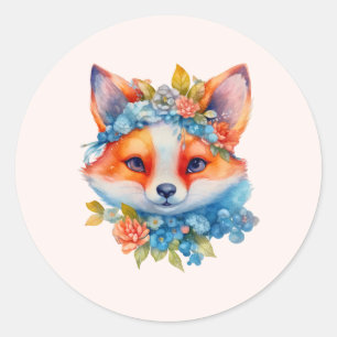 Sticker Rond Cute Renard orange avec Couronne florale