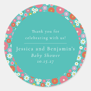 Sticker Rond Cute Retro 60s Flower Turquoise Baby shower person