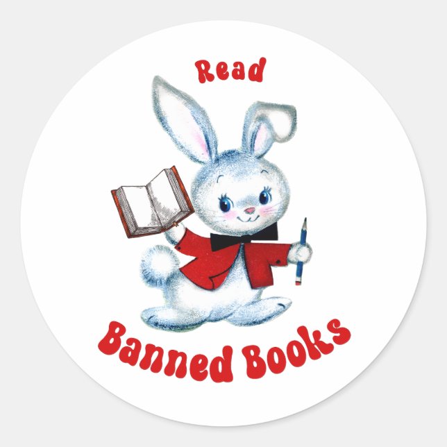 Sticker Rond Cute Retro Bunny - Lire Livres Interdits (Devant)