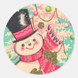 Sticker Rond Cute Retro Christmas Snowman