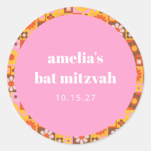 Sticker Rond Cute Retro Floral Rose Orange Bat mitzvah Personna