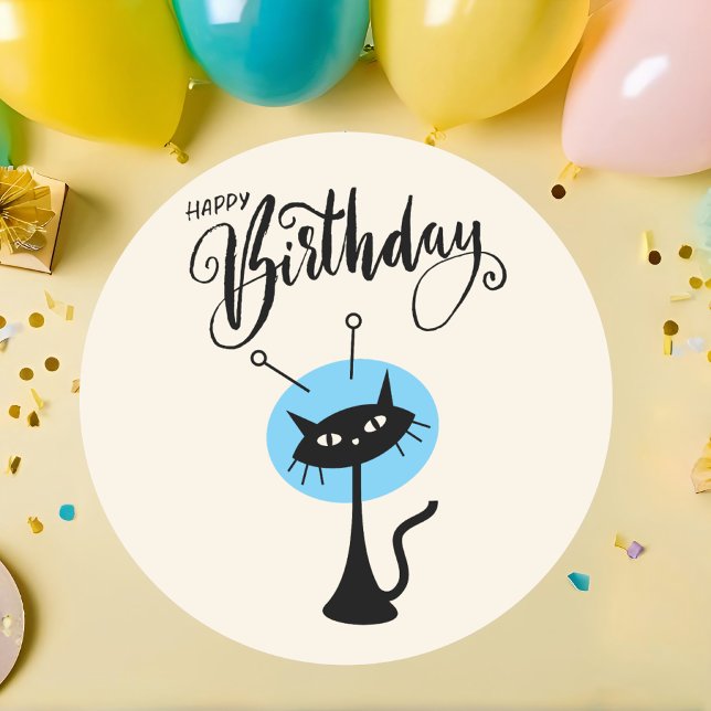 Sticker Rond Cute Retro Joyeux Anniversaire Chat Noir (Créateur téléchargé)