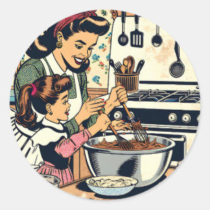 Sticker Rond Cute Retro Maman et Fille Cuisiner ensemble