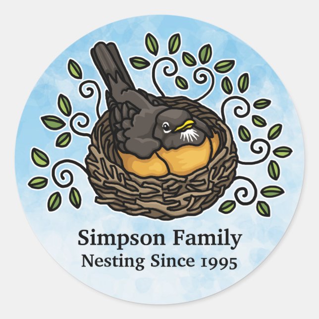 Sticker Rond Cute Robin Nesting, Ajouter votre nom de famille e (Devant)