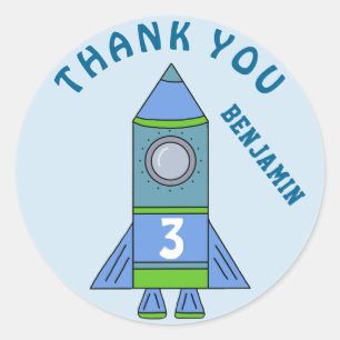 Sticker Rond Cute Rocket Blue Kids Boy Anniversaire Merci