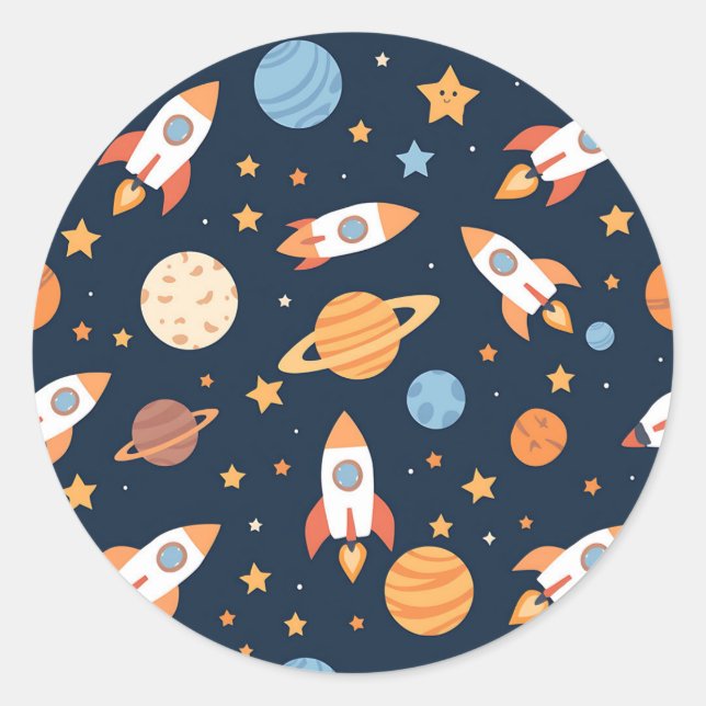 Sticker Rond Cute Rockets Planets Space Pattern (Devant)