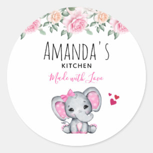 Sticker Rond Cute rose bébé Eléphant et Rose Frontière cuisine