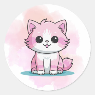 Sticker Rond Cute rose Chat Aquarelle Cartographie Kitten Anima