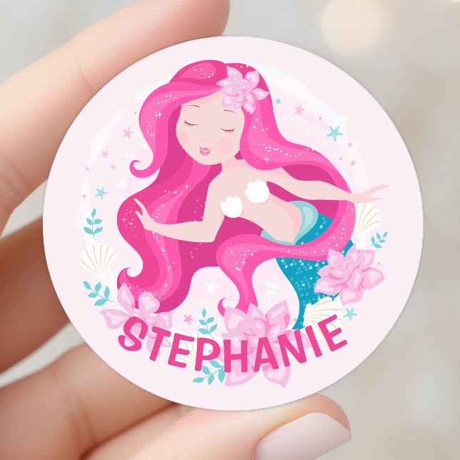 Sticker Rond Cute rose cheveux sirène filles Imaginaire personn (Créateur téléchargé)