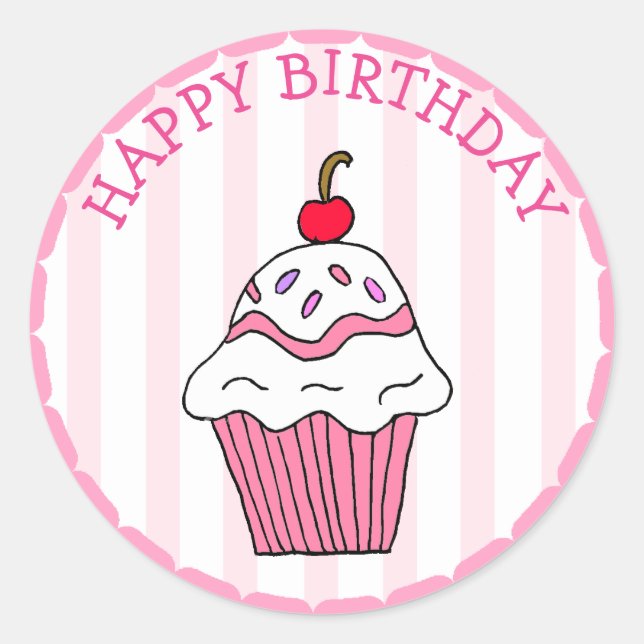 Sticker Rond Cute rose Cupcake d'anniversaire (Devant)