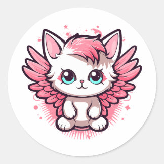 Sticker Rond Cute rose Kawaii Chat avec ailes
