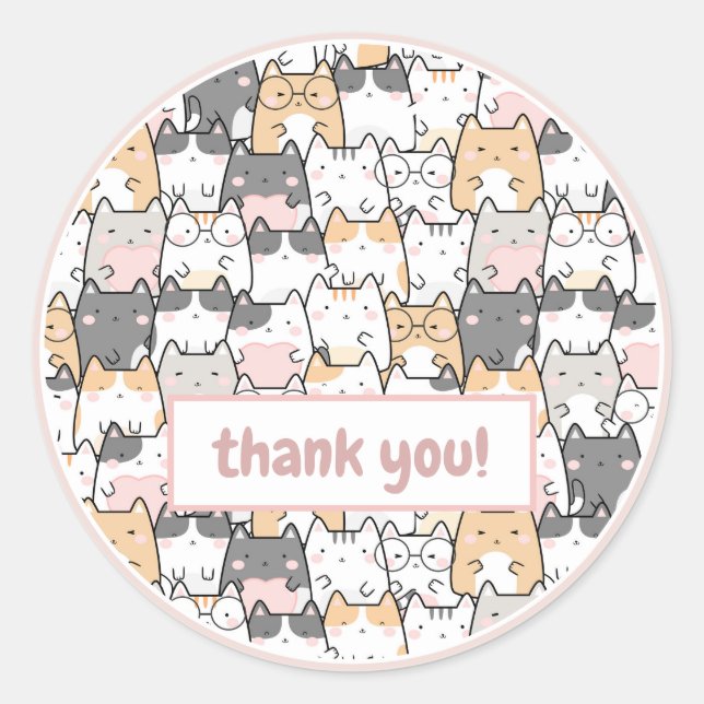 Sticker Rond Cute rose Kawaii Chats Kittens Merci Motif (Devant)