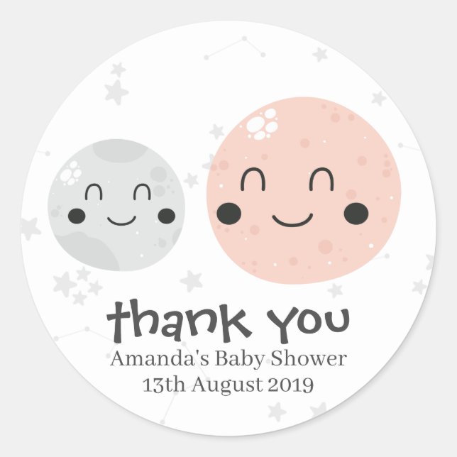 Sticker Rond Cute rose Kawaii Planète et Baby shower de lunes (Devant)
